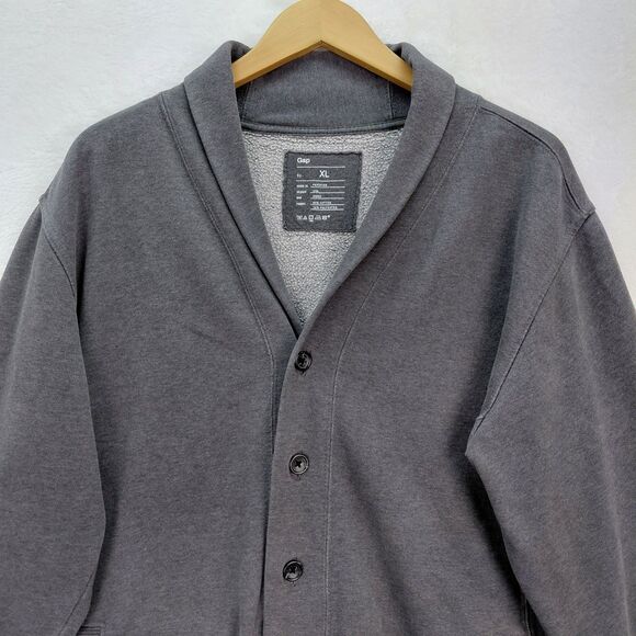 Gap Button Up Cardigan Sweater Mens Size XL Gray Jersey Knit Shawl Collar Pocket - Picture 2 of 12